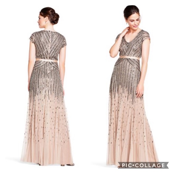 Adrianna-Papell beaded short sleeves V-Neck long evening Gown - Picture 4 of 16